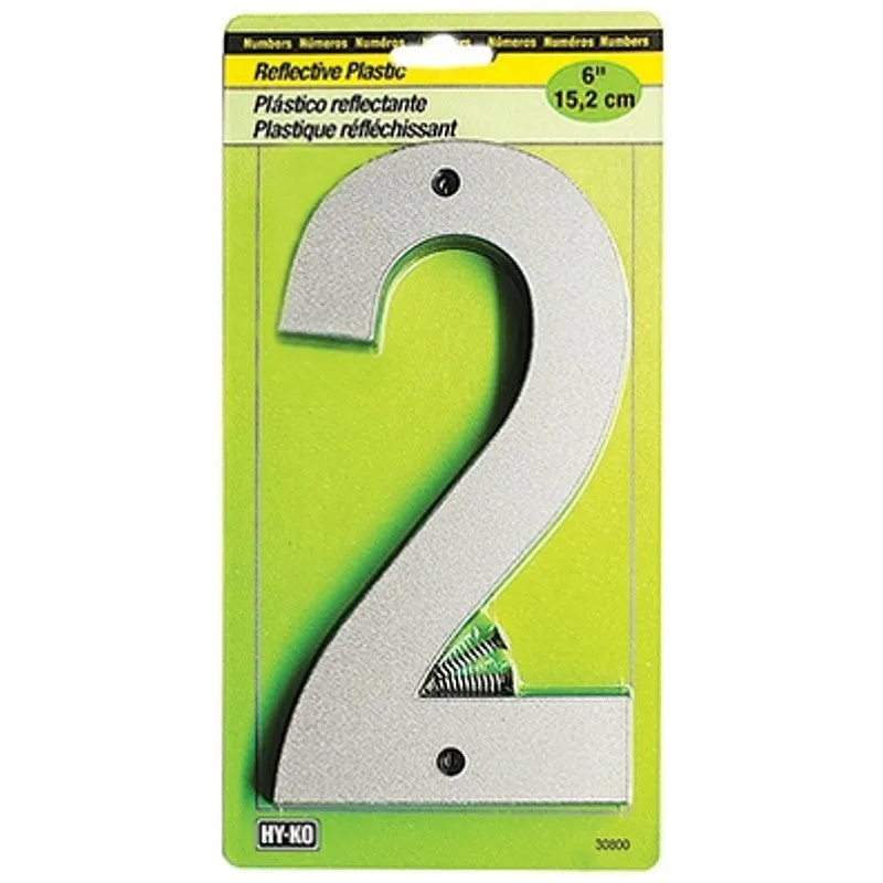 Hy-Ko 30800 Series 30802 Reflective Sign, Character: 2, 6 in H Character, Black/Silver Character, Plastic (Pack of 5)