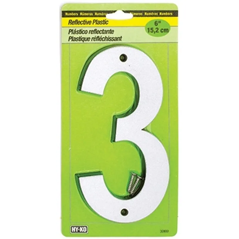 Hy-Ko 30800 Series 30803 Reflective Sign, Character: 3, 6 in H Character, Black/Silver Character, Plastic (Pack of 5)