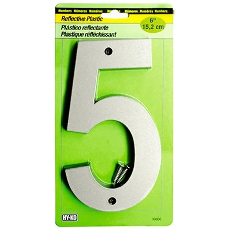 Hy-Ko 30800 Series 30805 Reflective Sign, Character: 5, 6 in H Character, Black/Silver Character, Plastic (Pack of 5)
