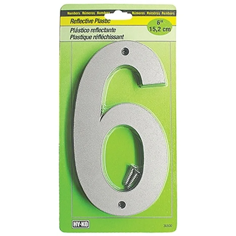 Hy-Ko 30800 Series 30806 Reflective Sign, Character: 6, 6 in H Character, Black/Silver Character, Plastic (Pack of 5)