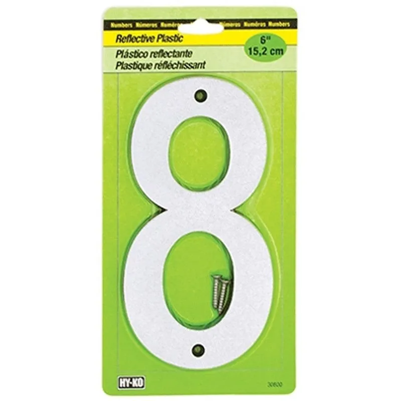Hy-Ko 30800 Series 30808 Reflective Sign, Character: 8, 6 in H Character, Black/Silver Character, Plastic (Pack of 5)
