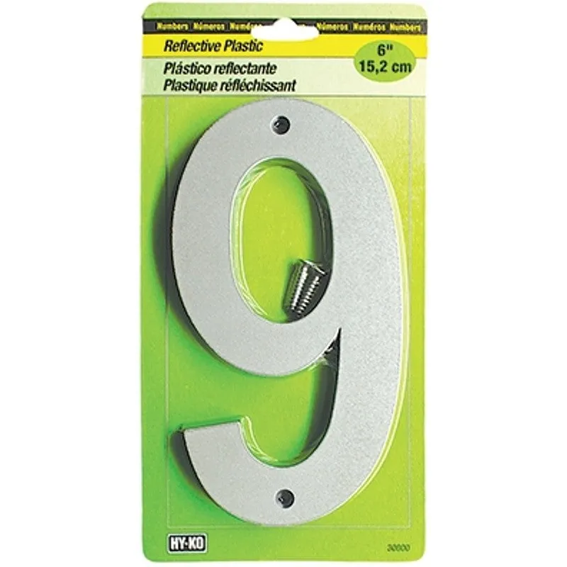Hy-Ko 30800 Series 30809 Reflective Sign, Character: 9, 6 in H Character, Black/Silver Character, Plastic (Pack of 5)