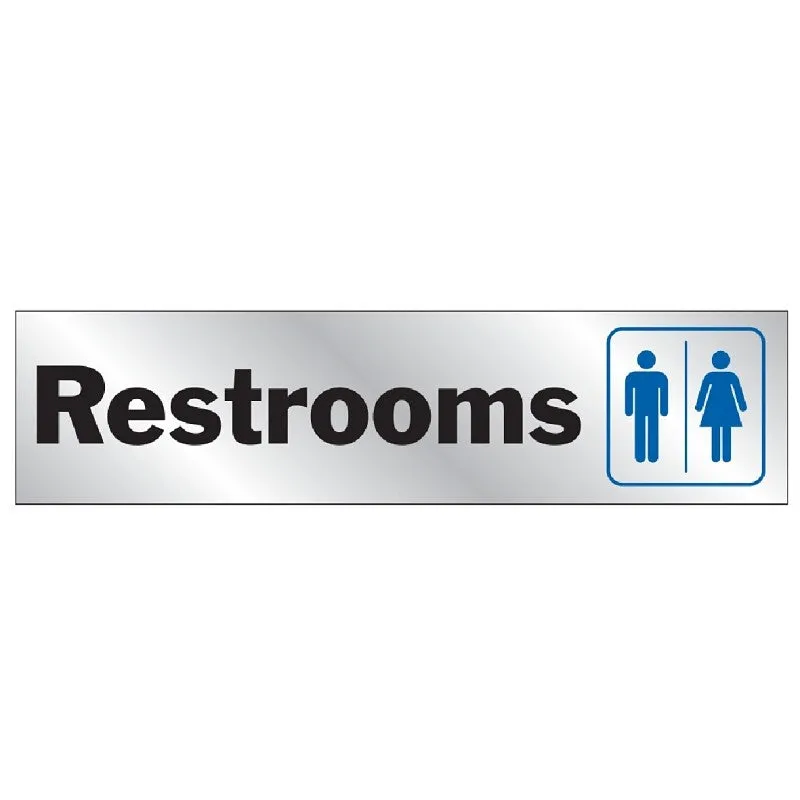 Hy-Ko 488 Sign, Restrooms, Silver Background, Vinyl, 2 x 8 in Dimensions (Pack of 10)
