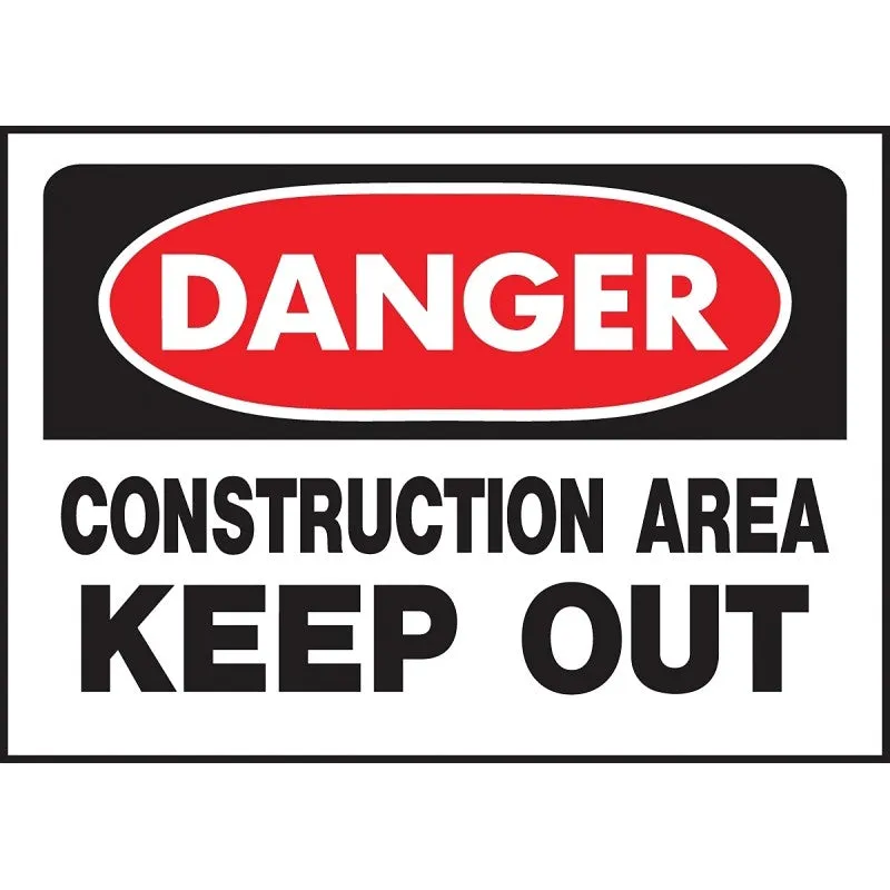 Hy-Ko 520 Danger Sign, Rectangular, CONSTRUCTION AREA KEEP OUT, Black Legend, White Background, Polyethylene (Pack of 5)