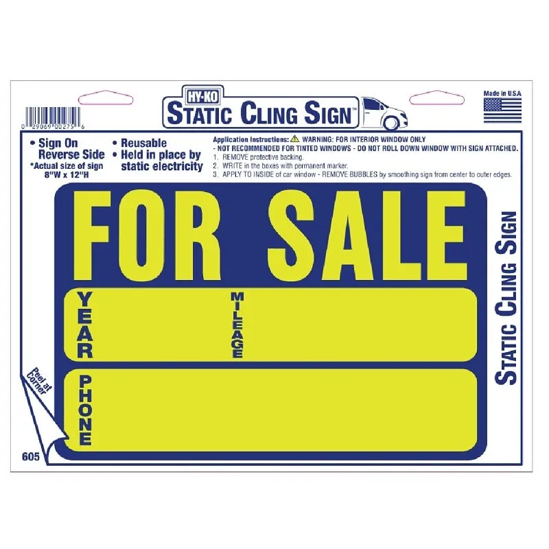 Hy-Ko 605 Static Cling Neon Sign, FOR SALE, Yellow Legend, Blue Background, Vinyl, 8 in H x 12 in W Dimensions (Pack of 10)