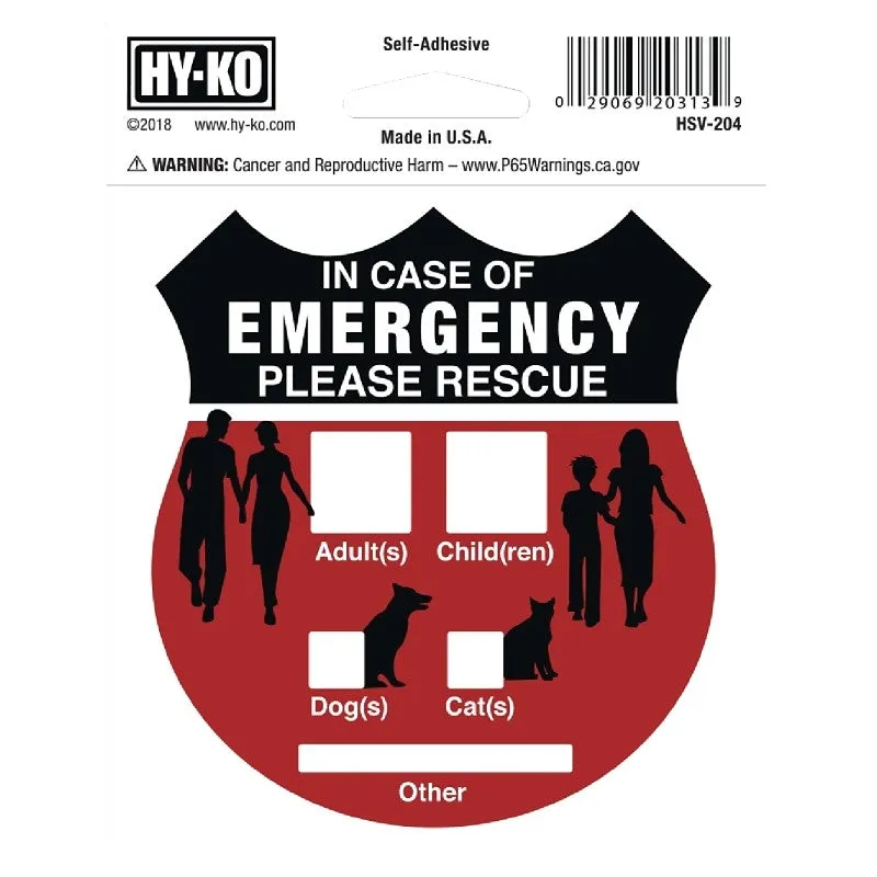 Hy-Ko HSV-204 Graphic Sign, IN CASE OF EMERGNCY PLEASE RESCUE, Silver Background, Vinyl, 4 in H x 4 in W Dimensions (Pack of 6)
