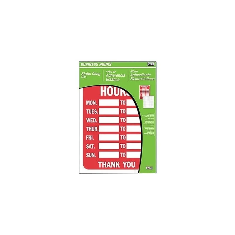 Hy-Ko KIT-603 Static Cling Kit, BUSINESS HOURS, Red Legend, White Background, Plastic, 8-1/2 in W x 12 in H Dimensions (Pack of 3)