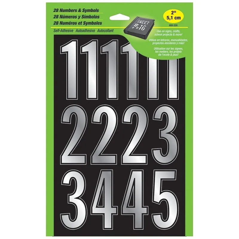 Hy-Ko MM-32N Prism Number Set, 2 in H Character, Silver Character, Vinyl (Pack of 5)