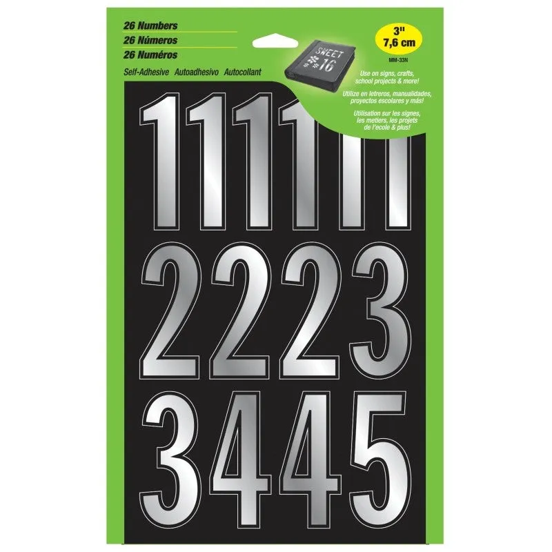 Hy-Ko MM-33N Prism Number Set, 3 in H Character, Silver Character, Vinyl (Pack of 5)