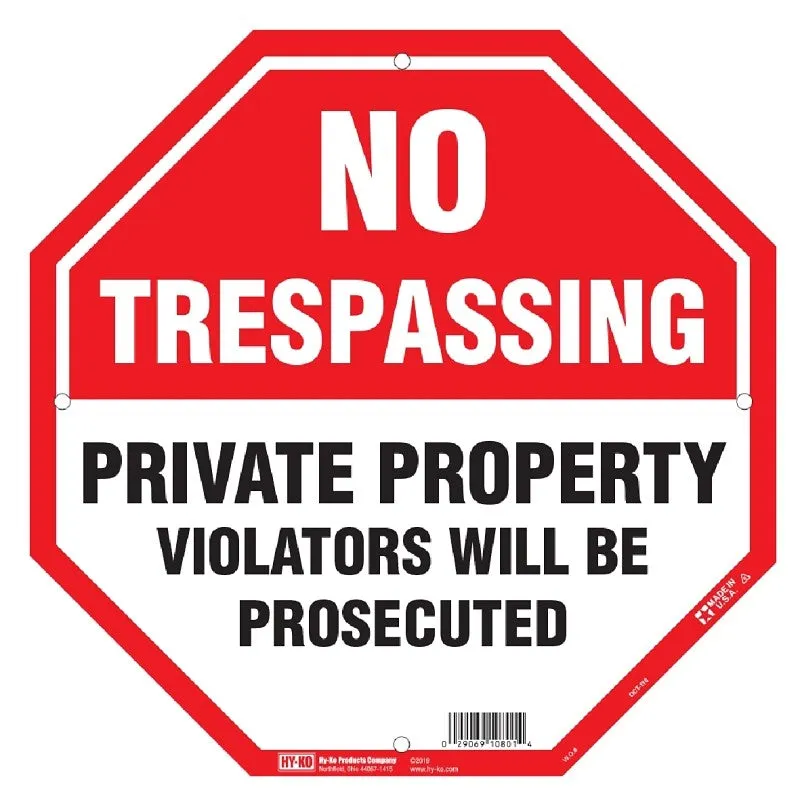 Hy-Ko OCT-110 Property Sign, Octagon, NO TRESPASSING PRIVATE PROPERTY VIOLATERS WILL BE PROSECUTED, Black/White Legend (Pack of 5)