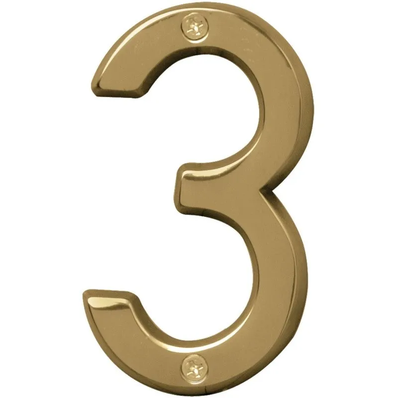 Hy-Ko Prestige Series BR-42PB/3 House Number, 2.938 in W x 6.875 in H Dimensions, Character: 3, 4 in H Character, Brass (Pack of 3)