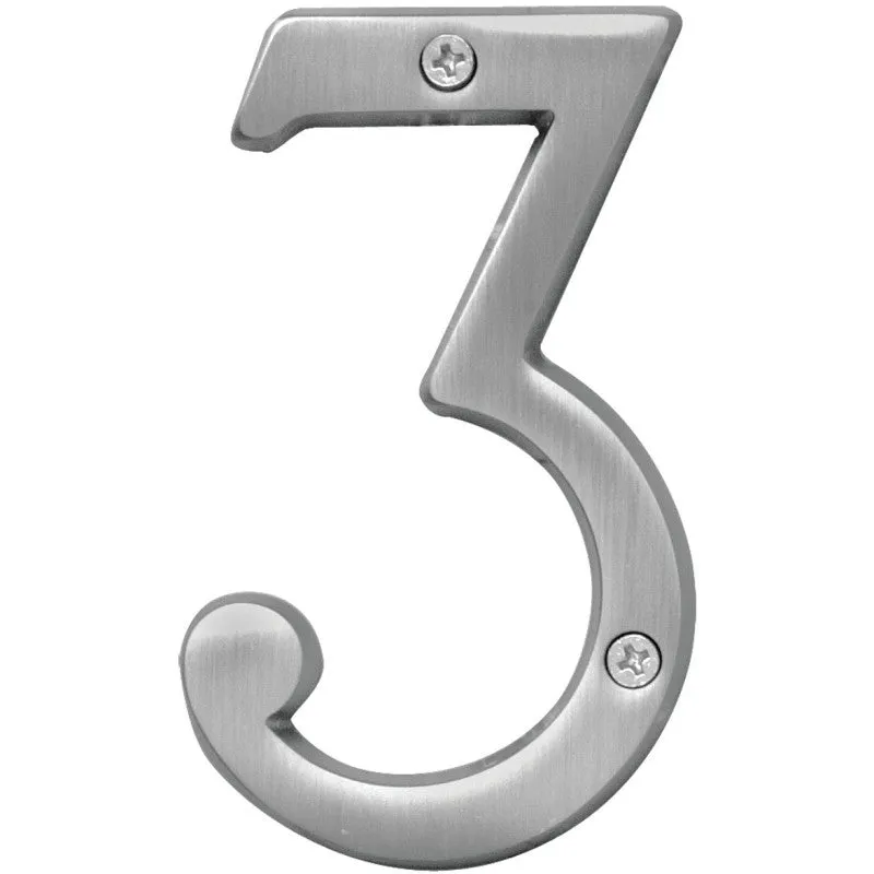Hy-Ko Prestige Series BR-43SN/3 House Number, Character: 3, 4 in H Character, Nickel Character, Brass (Pack of 3)