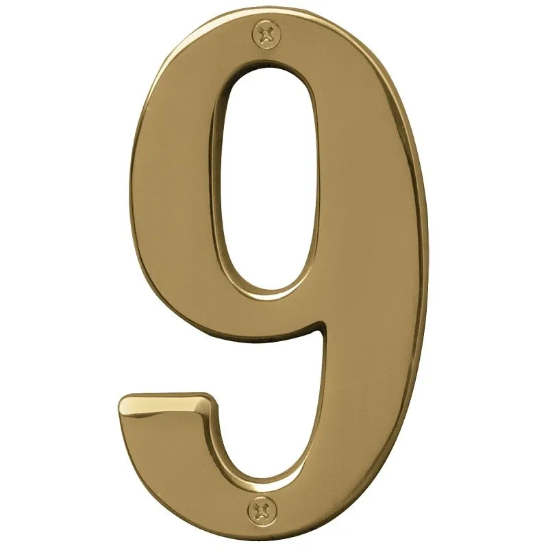 Hy-Ko Prestige Series BR-51PB/9 House Number, Character: 9, 5 in H Character, Brass Character, Solid Brass (Pack of 3)