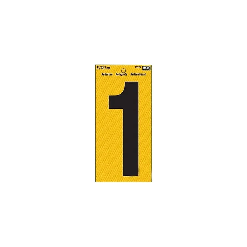 Hy-Ko RV-75/1 Reflective Sign, Character: 1, 5 in H Character, Black Character, Yellow Background, Vinyl (Pack of 10)