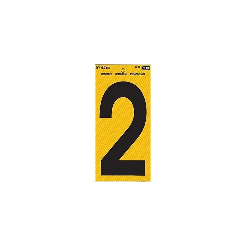 Hy-Ko RV-75/2 Reflective Sign, Character: 2, 5 in H Character, Black Character, Yellow Background, Vinyl (Pack of 10)