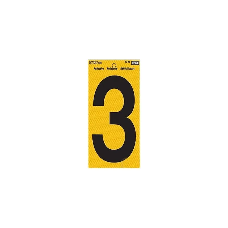 Hy-Ko RV-75/3 Reflective Sign, Character: 3, 5 in H Character, Black Character, Yellow Background, Vinyl (Pack of 10)