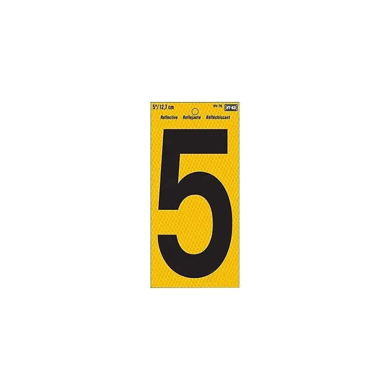 Hy-Ko RV-75/5 Reflective Sign, Character: 5, 5 in H Character, Black Character, Yellow Background, Vinyl (Pack of 10)