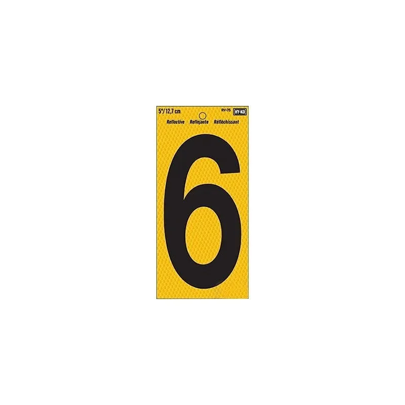 Hy-Ko RV-75/6 Reflective Sign, Character: 6, 5 in H Character, Black Character, Yellow Background, Vinyl (Pack of 10)