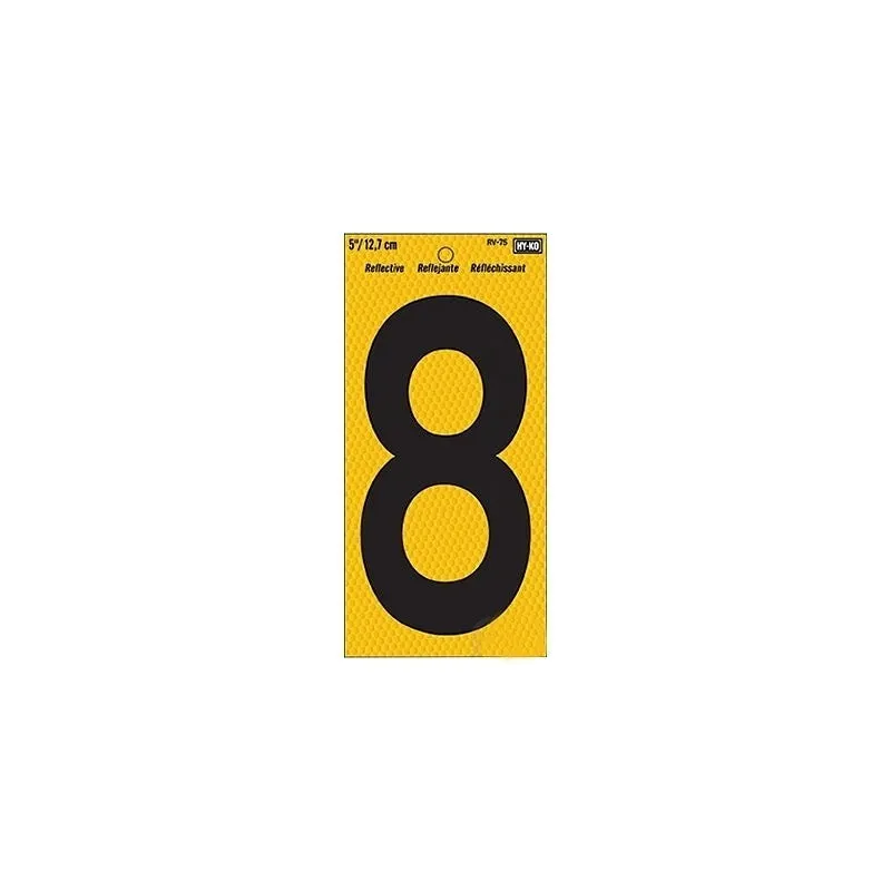 Hy-Ko RV-75/8 Reflective Sign, Character: 8, 5 in H Character, Black Character, Yellow Background, Vinyl (Pack of 10)
