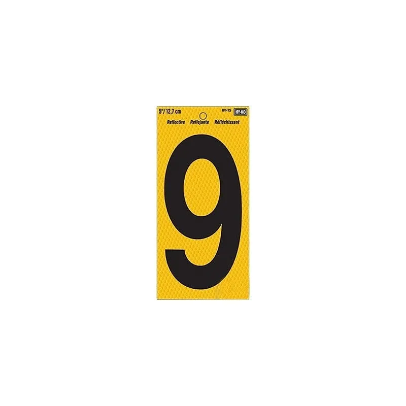 Hy-Ko RV-75/9 Reflective Sign, Character: 9, 5 in H Character, Black Character, Yellow Background, Vinyl (Pack of 10)