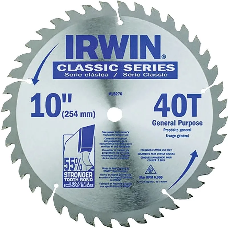 Irwin 15270 Circular Saw Blade, 10 in Dia, 5/8 in Arbor, 40-Teeth, Carbide Cutting Edge, Applicable Materials: Wood