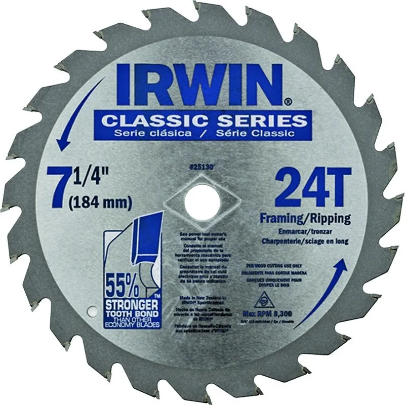 Irwin 25130 Circular Saw Blade, 7-1/4 in Dia, 5/8 in Arbor, 24-Teeth, Carbide Cutting Edge, Applicable Materials: Wood (Pack of 25)