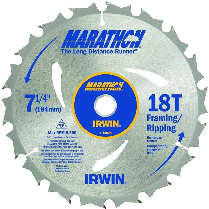 Irwin Marathon 14028 Circular Saw Blade, 18-Teeth, 7-1/4 in Dia, 5/8 in Arbor, Carbide Cutting Edge