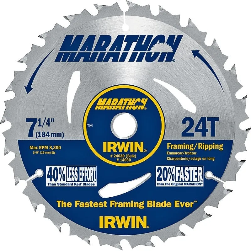 Irwin Marathon 24030 Circular Saw Blade, 7-1/4 in Dia, 5/8 in Arbor, 24-Teeth, Carbide Cutting Edge (Pack of 10)