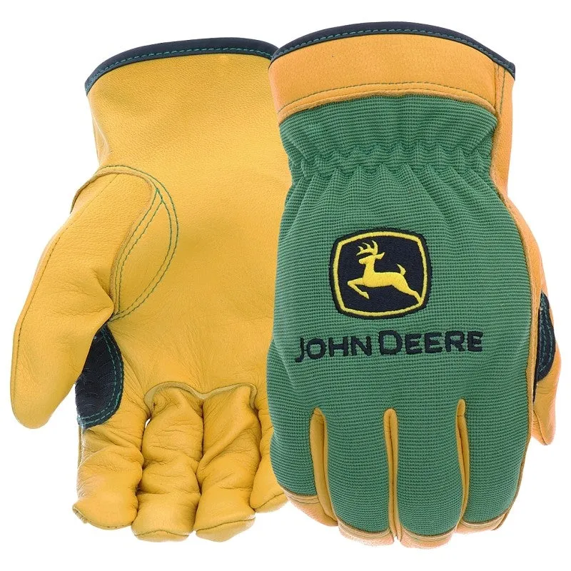 John Deere JD00008-2XL Gloves, Men’s, 2XL, Keystone Thumb, Shirred Elastic Cuff, Spandex Back, Green/Yellow