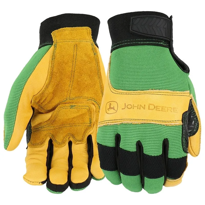 John Deere JD00009-L Gloves, Men’s, L, Reinforced Thumb, Hook and Loop Cuff, Spandex Back, Green/Yellow
