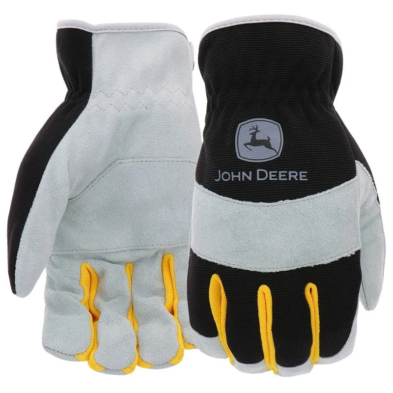 John Deere JD86020-L Work Gloves, Slip-On, Men’s, L, Keystone Thumb, Shirred Cuff, Spandex Back, Black/Gray
