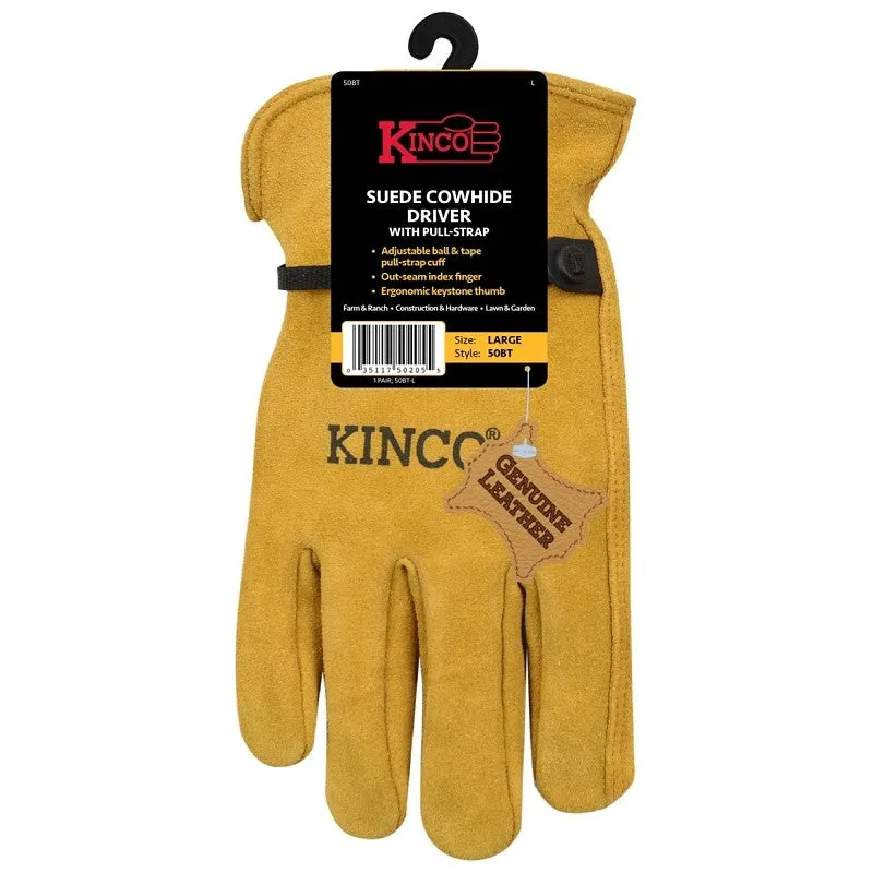 Kinco 50BT-XL Driver Gloves, Men’s, XL, Keystone Thumb, Ball and Tape Cuff, Suede Cowhide Leather, Gold