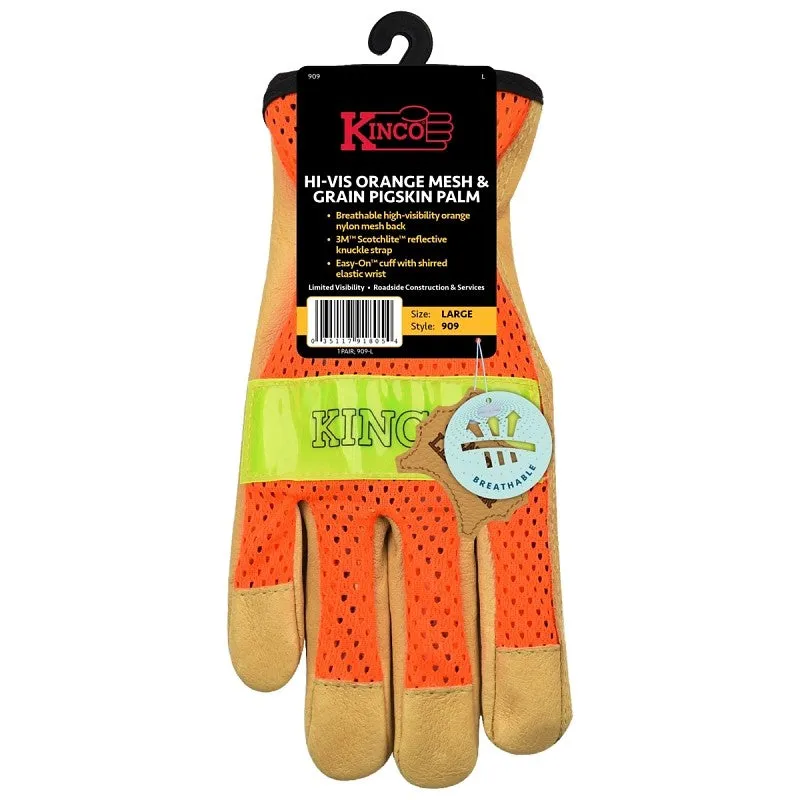 Kinco 909-L Reflective Gloves, Men’s, L, Keystone Thumb, Easy-On Cuff, Nylon Back, Gold/Hi-Vis Orange
