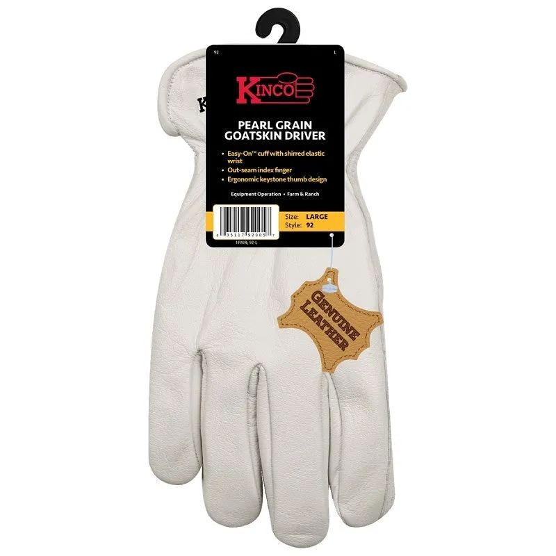 Kinco 92-L Driver Gloves, Men’s, L, Keystone Thumb, Easy-On Cuff, Grain Goatskin Leather, Pearl