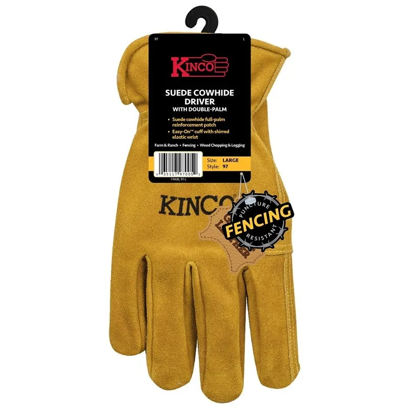 Kinco 97-L Gloves, Men’s, L, Keystone Thumb, Shirred Elastic Cuff, Cowhide Leather, Gold