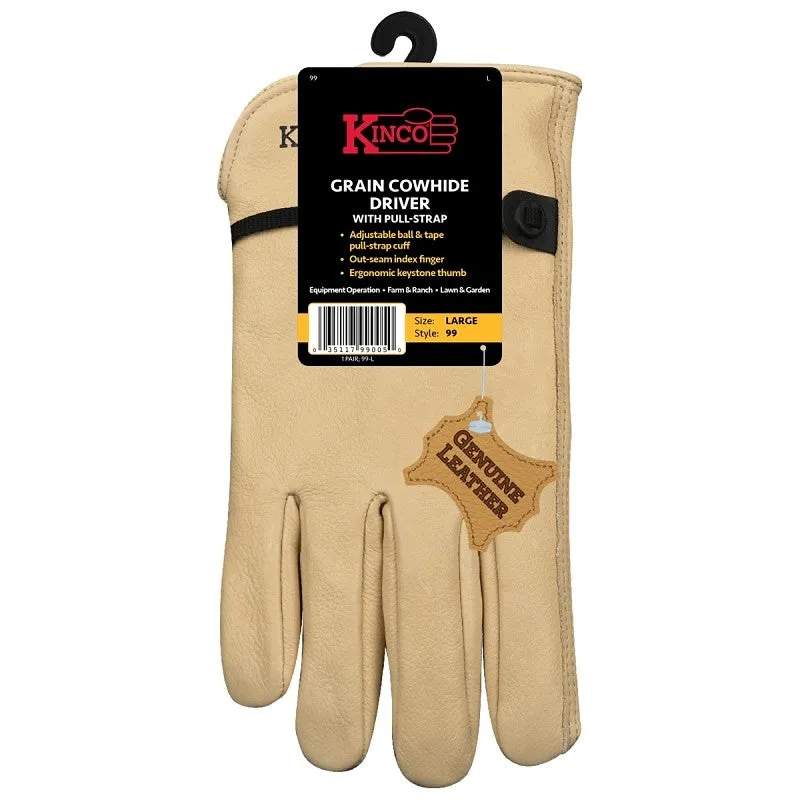 Kinco 99-L Driver Gloves, Men’s, L, Keystone Thumb, Ball and Tape Cuff, Cowhide Leather, Tan