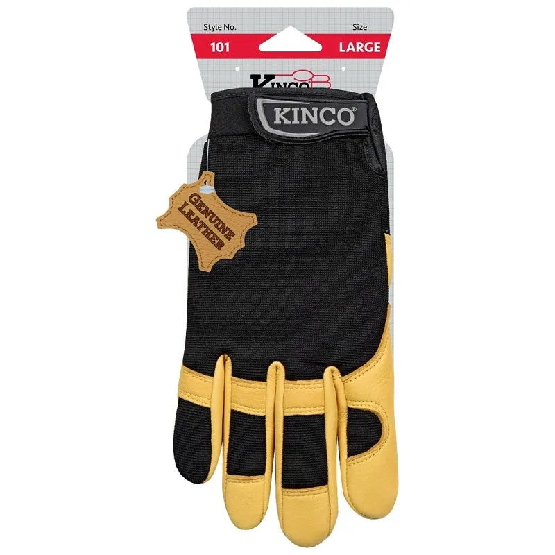 KincoPro 101-L Safety Gloves, L, Gold, Men’s, Wing Thumb, Hook and Loop, Polyester/Spandex, Deerskin Leather Palm