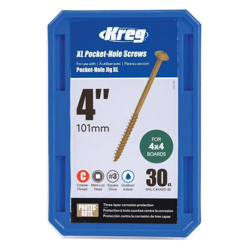 Kreg SML-C4X400-30 XL Pocket Hole Screw, #14 Thread, 4 in L, Coarse Thread, Maxi-Loc Head, Square Drive, Type 17 Point