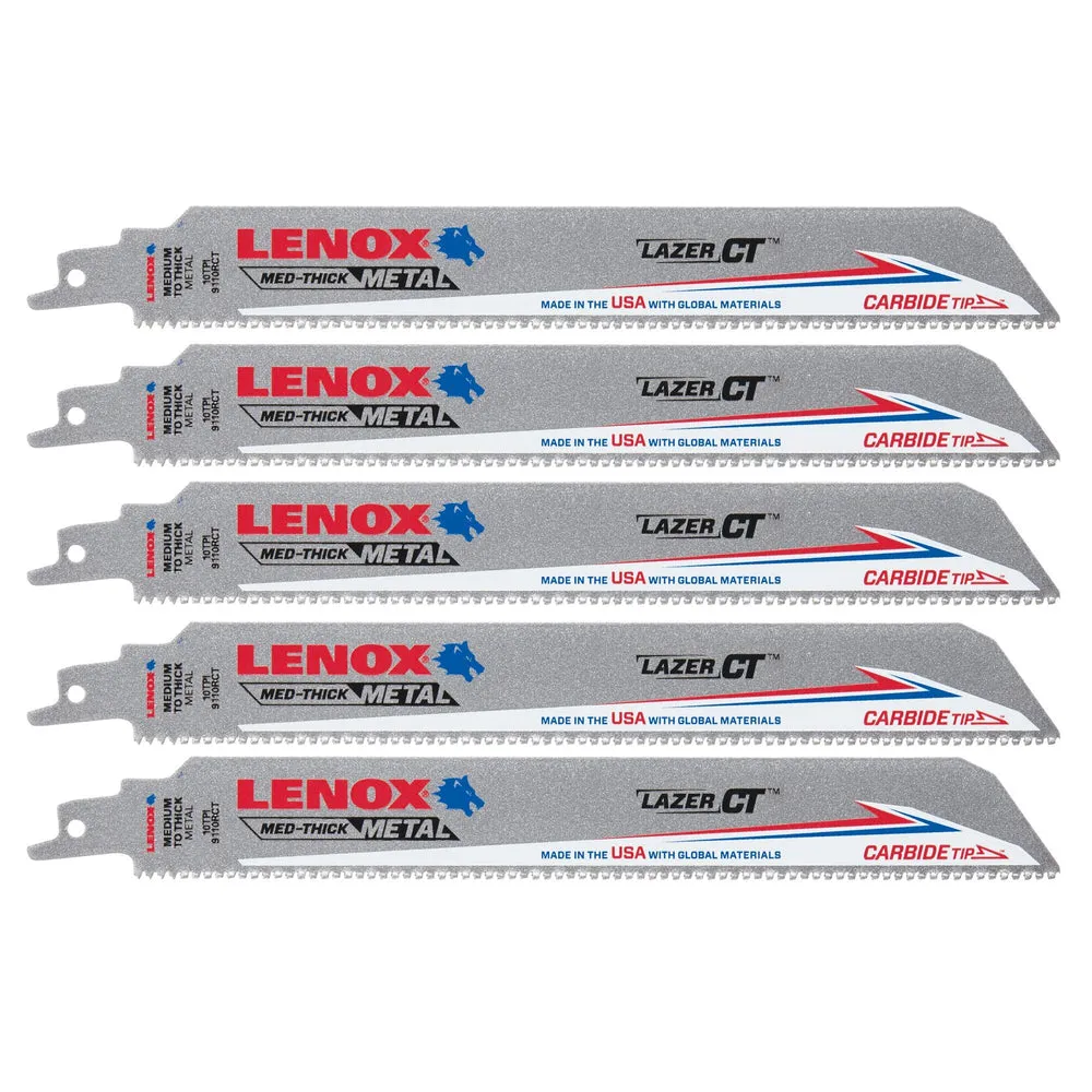 LENOX LXAR9110CT 9 in. x 1 in. LAZER CT™ 10 TPI Carbide Tipped 9″ Reciprocating Saw Blades (5 PK)