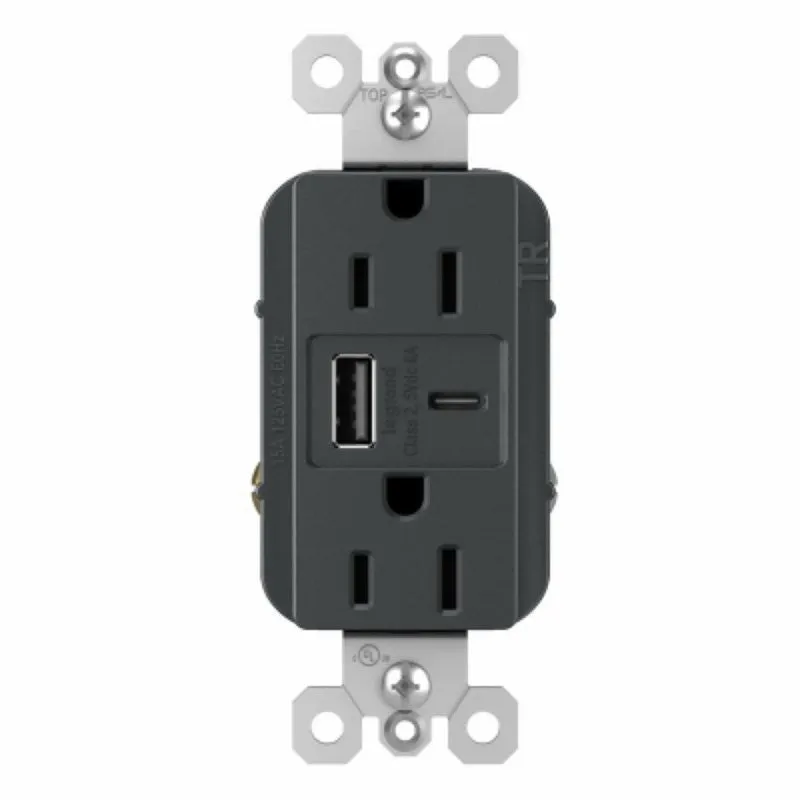 Legrand radiant Series R26USBAC6GCC4 USB Type A/C Outlet, 2 -Pole, 15 A, 125 V, 2 -USB Port, USB-A, USB-C USB