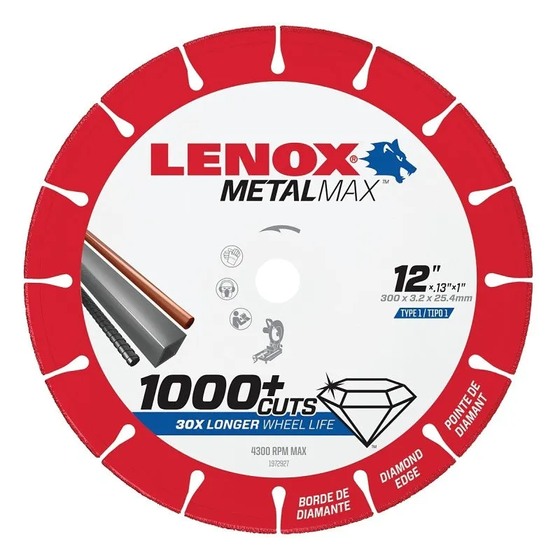 Lenox MetalMax 1972927 Cut-Off Wheel, 12 in Dia, 0.13 in Thick, 1 in Arbor, 25, 30 Grit, Diamond Abrasive
