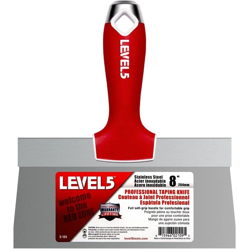 Level5 5-134 Taping Knife, 8 in W Blade, Stainless Steel Blade, Soft Grip Handle