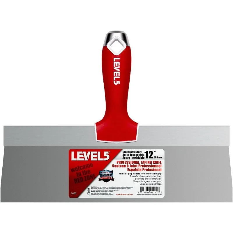 Level5 5-137 Taping Knife, 12 in W Blade, Stainless Steel Blade, Soft Grip Handle