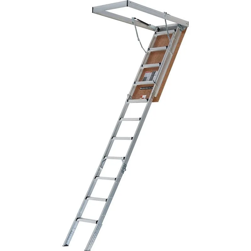 Louisville AL2540MG-FT Attic Ladder, 7 ft 8 in to 10 ft 3 in H Ceiling, 25-1/2 x 54 in Ceiling Opening, 11 -Step, 375 lb