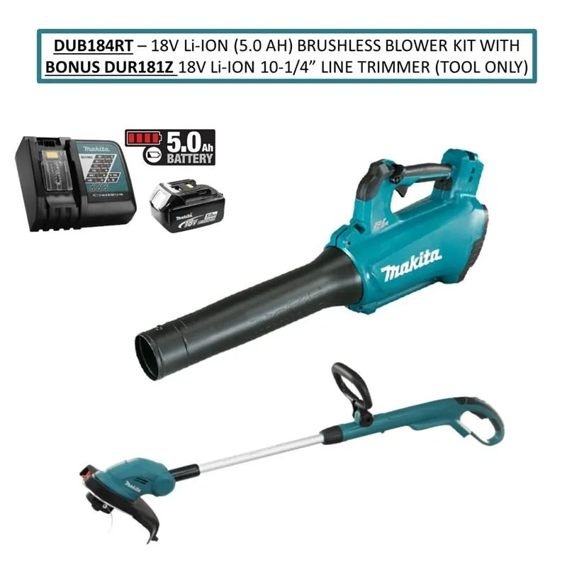 Makita DUB184RT1 18V Li Ion (5.0 Ah) Brushless BLOWER KIT WITH BONUS DUR181Z 18V Li Ion 10 1/4â€ Line Trimmer (Tool Only)