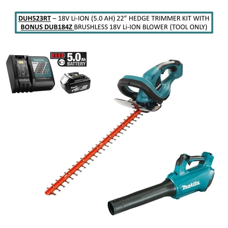 Makita DUH523RT 18V Li Ion (5.0 Ah) 22â€ Hedge Trimmer Kit with Bonus DUB184Z Li Ion Brushless Blower (Tool Only)