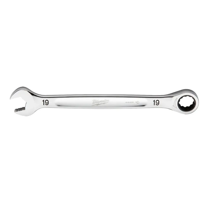 Milwaukee 45-96-9319 Ratcheting Combination Wrench, Metric, 19 mm Head, 10.14 in L, 12-Point, Steel, Chrome