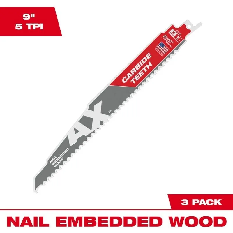 Milwaukee 48-00-5326 SAWZALL The AX with Carbide Teeth Wood Blades – 9in (3pk)