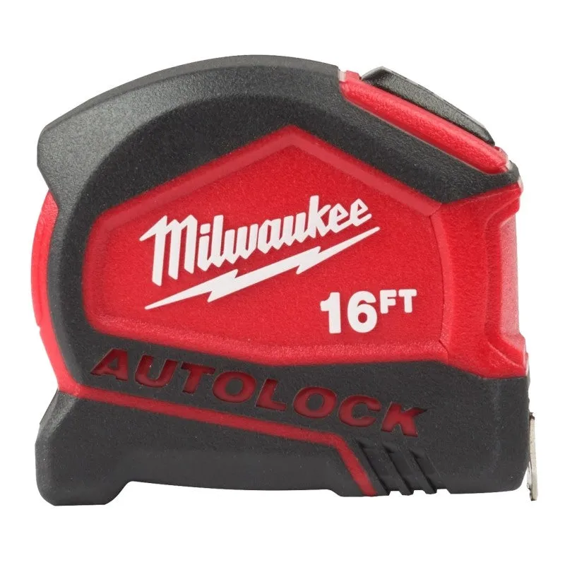 milwaukee 48 22 1816 auto lock tape measure 16 ft l blade 1 in w blade steel blade abs case blackred