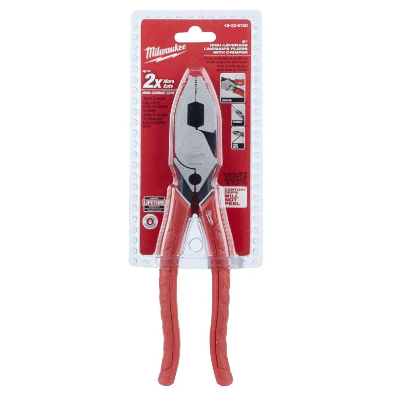 Milwaukee 48-22-6100 Lineman’s Plier with Crimper, 9 in OAL, 1.77 in Cutting Capacity, Red Handle, Comfort-Grip Handle